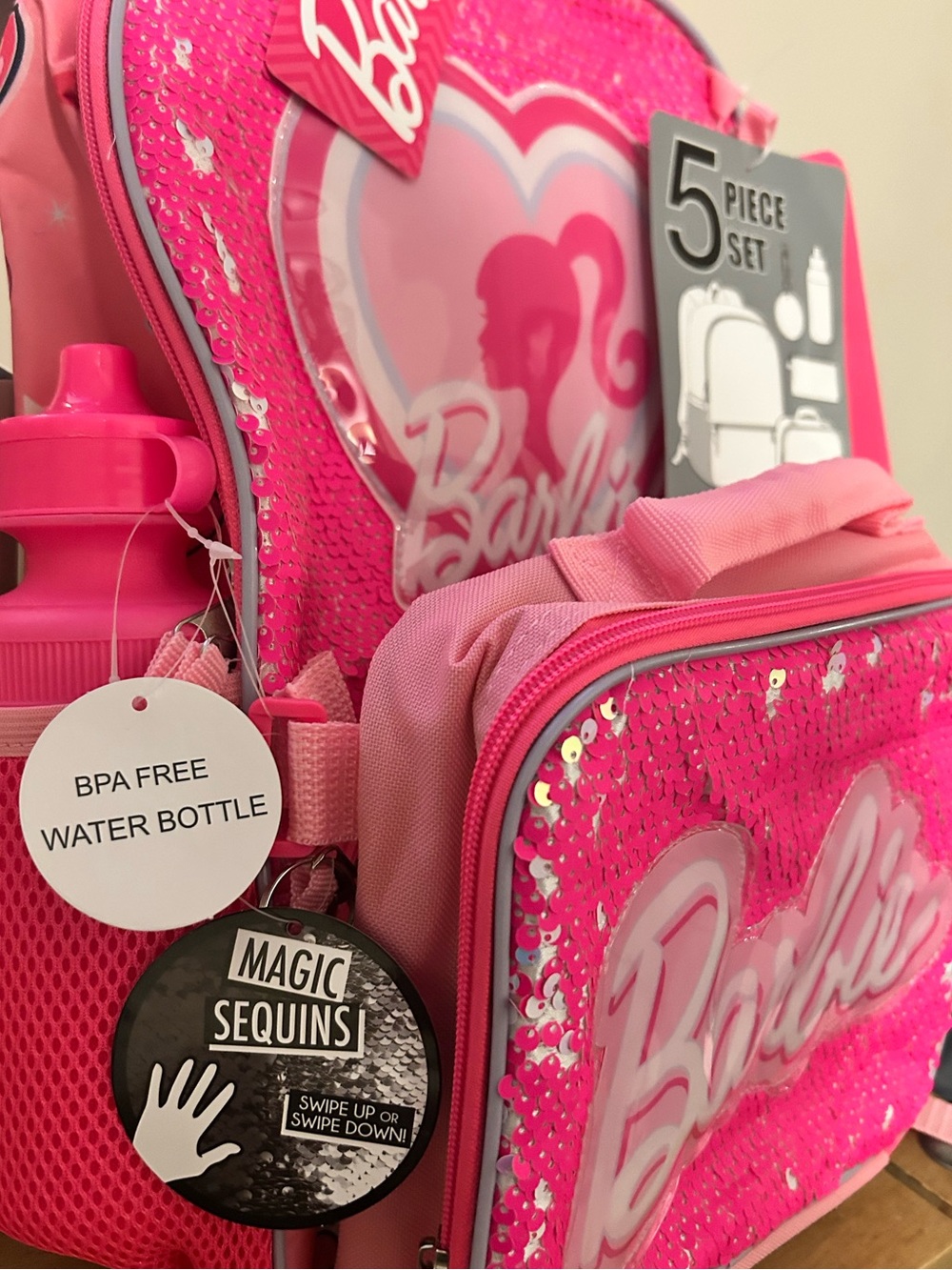 Barbie Hot Pink Sequin Backpack with Matching Pencil Pouch - Picture 2 of 6
